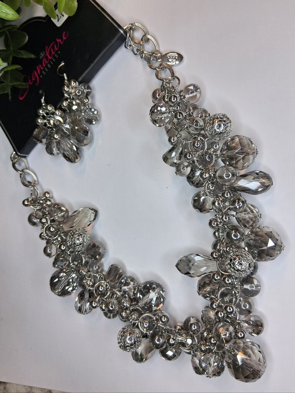 Silver Cluster Statement Necklace and Earrings Set